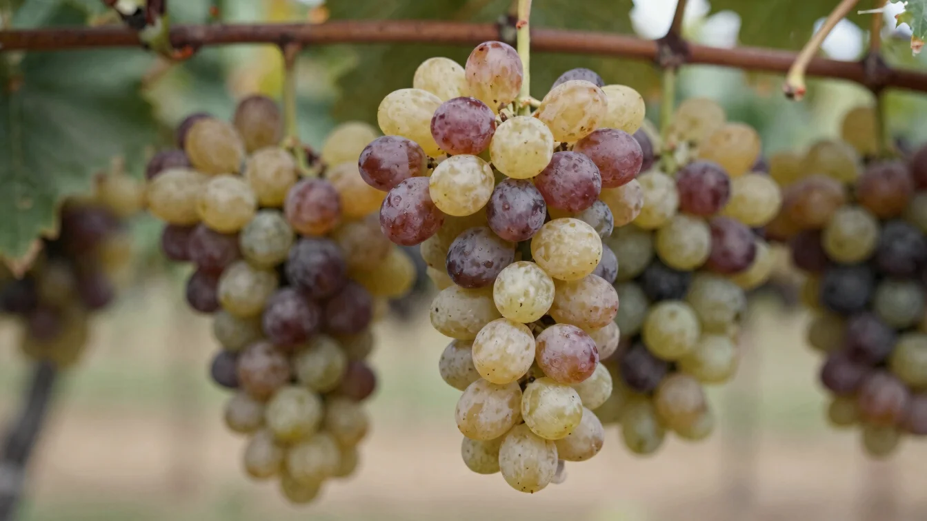Close study of ripening grape clusters on the vine, soft natural