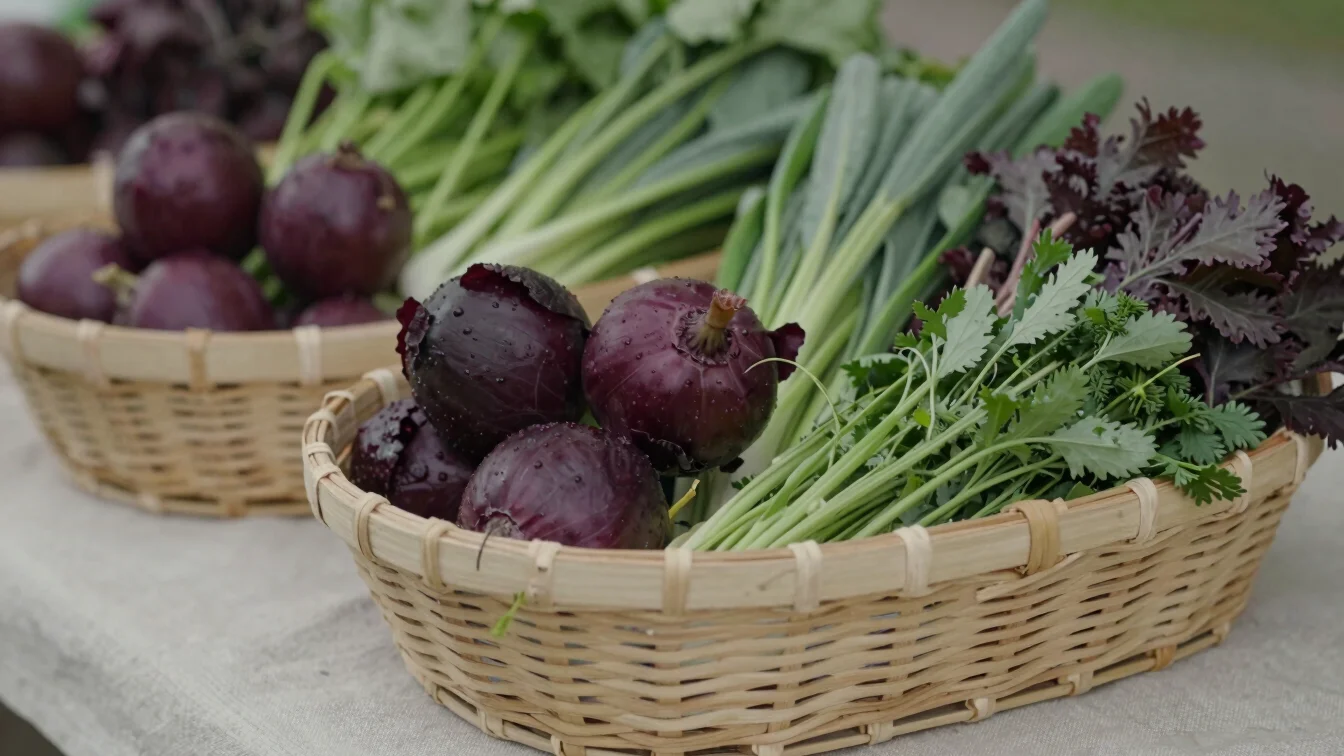 Close, natural-daylight study of seasonal vegetables and herbs piled in a woven market basket on a linen cloth, soft bur