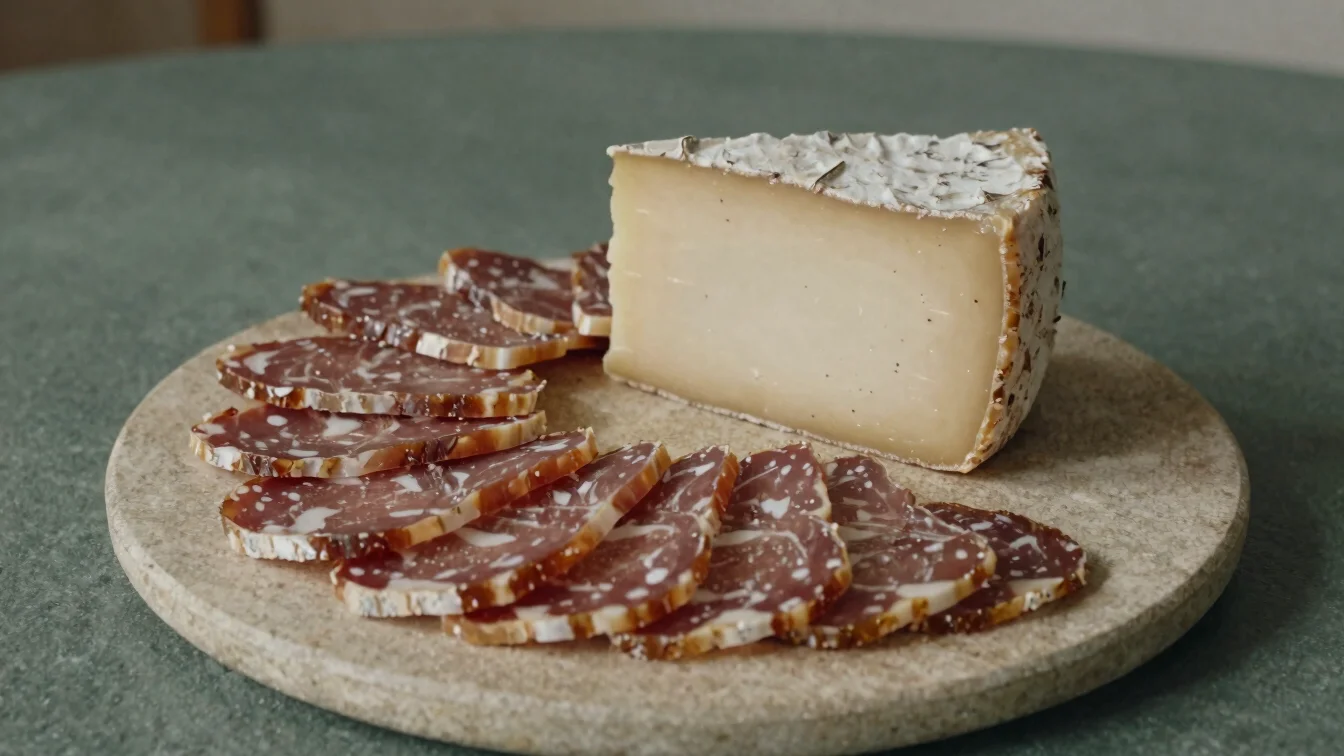 Editorial still life of sliced regional charcuterie and a wedge of aged cheese on a stoneware board, warm soft daylight,