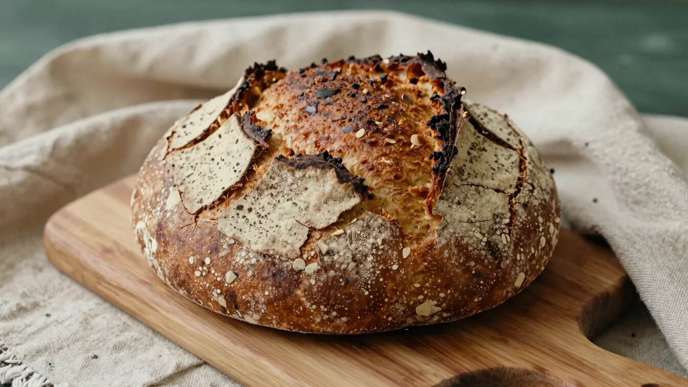 Close detail of a rustic country loaf with a crackled crust on a wooden board beside a linen cloth, soft natural dayligh