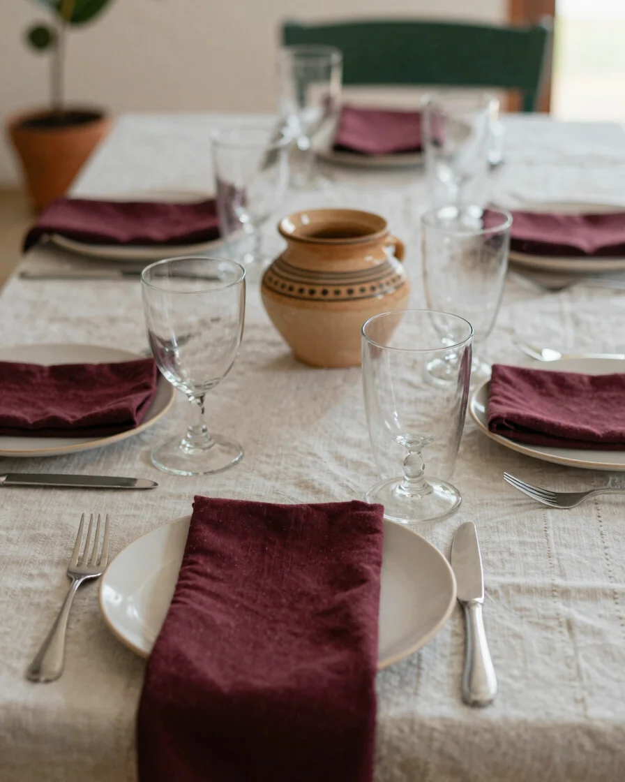 Candid editorial photograph of a set dinner table with linen napk