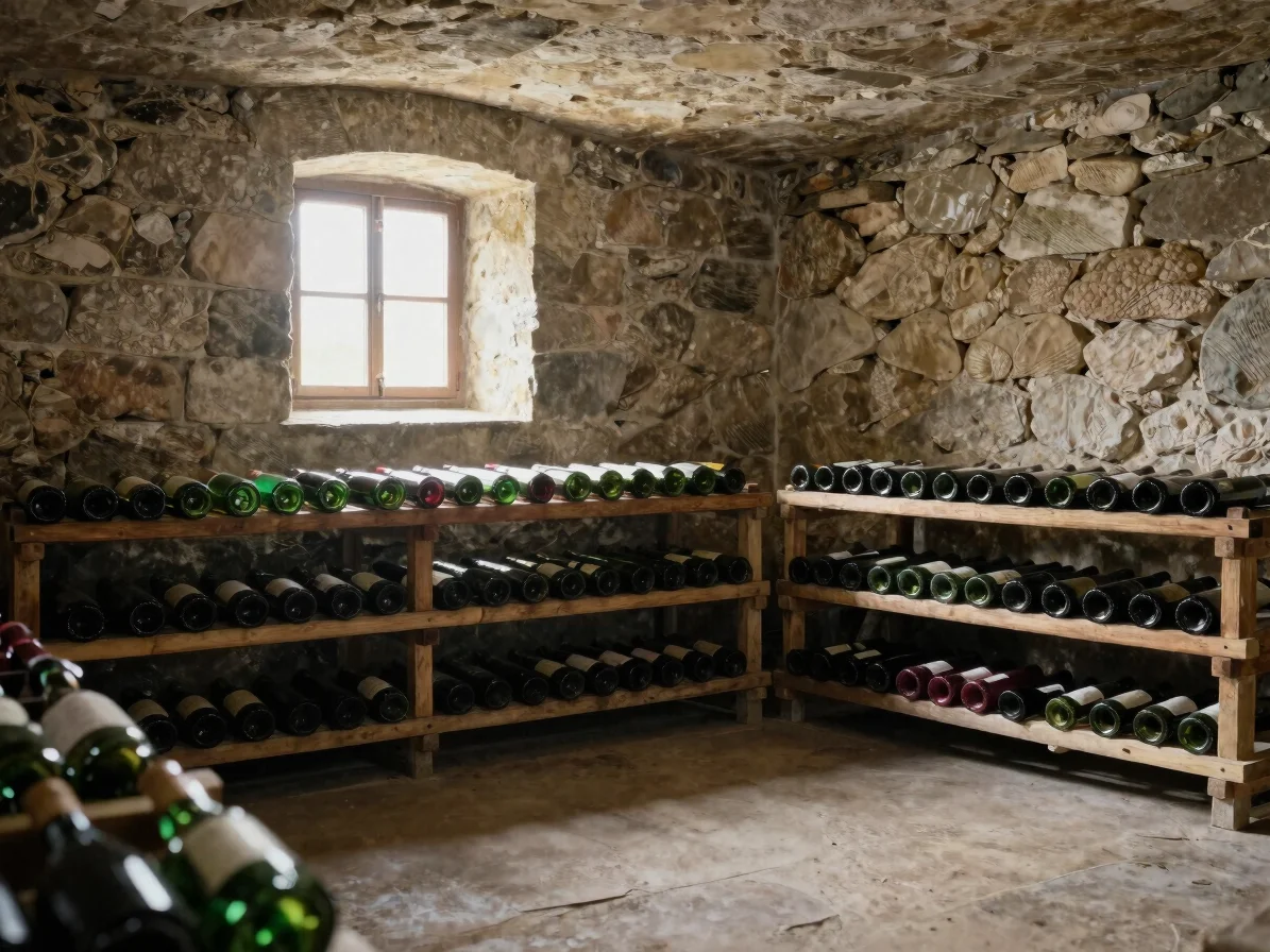 Wide editorial photograph of a dim stone cellar with bottles rest