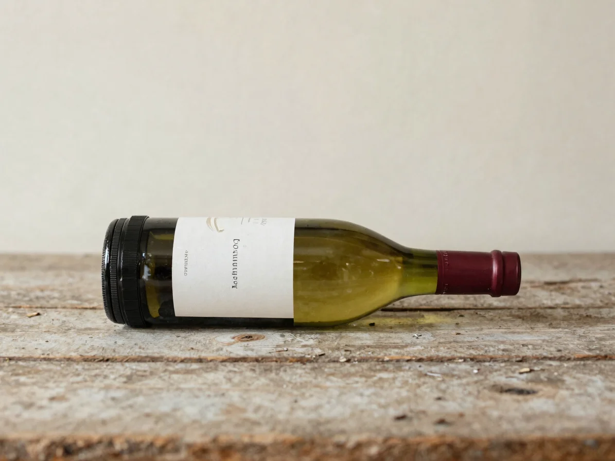 Close editorial study of a wine bottle lying on its side on weath