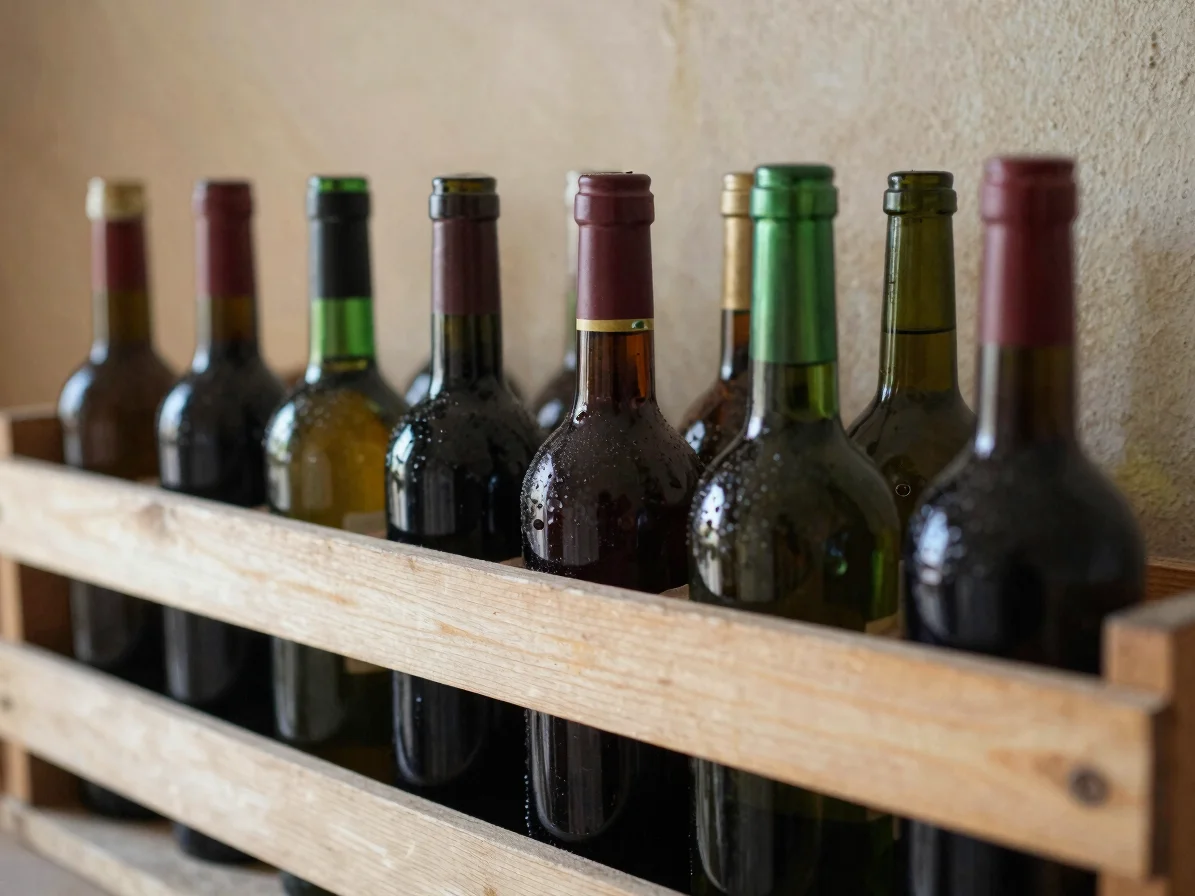 Editorial close-up of several bottles arranged horizontally in a