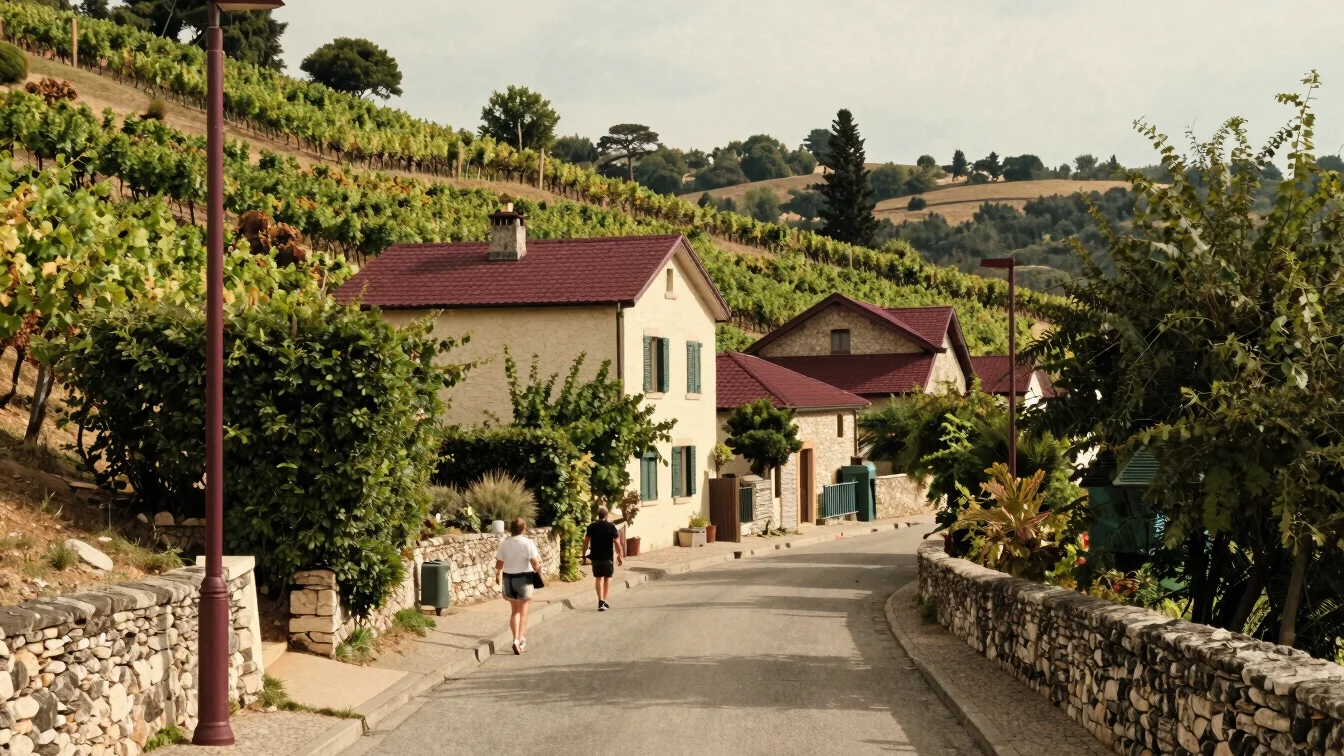 Village street beside a vineyard slope, stone walls, hedgerows, c