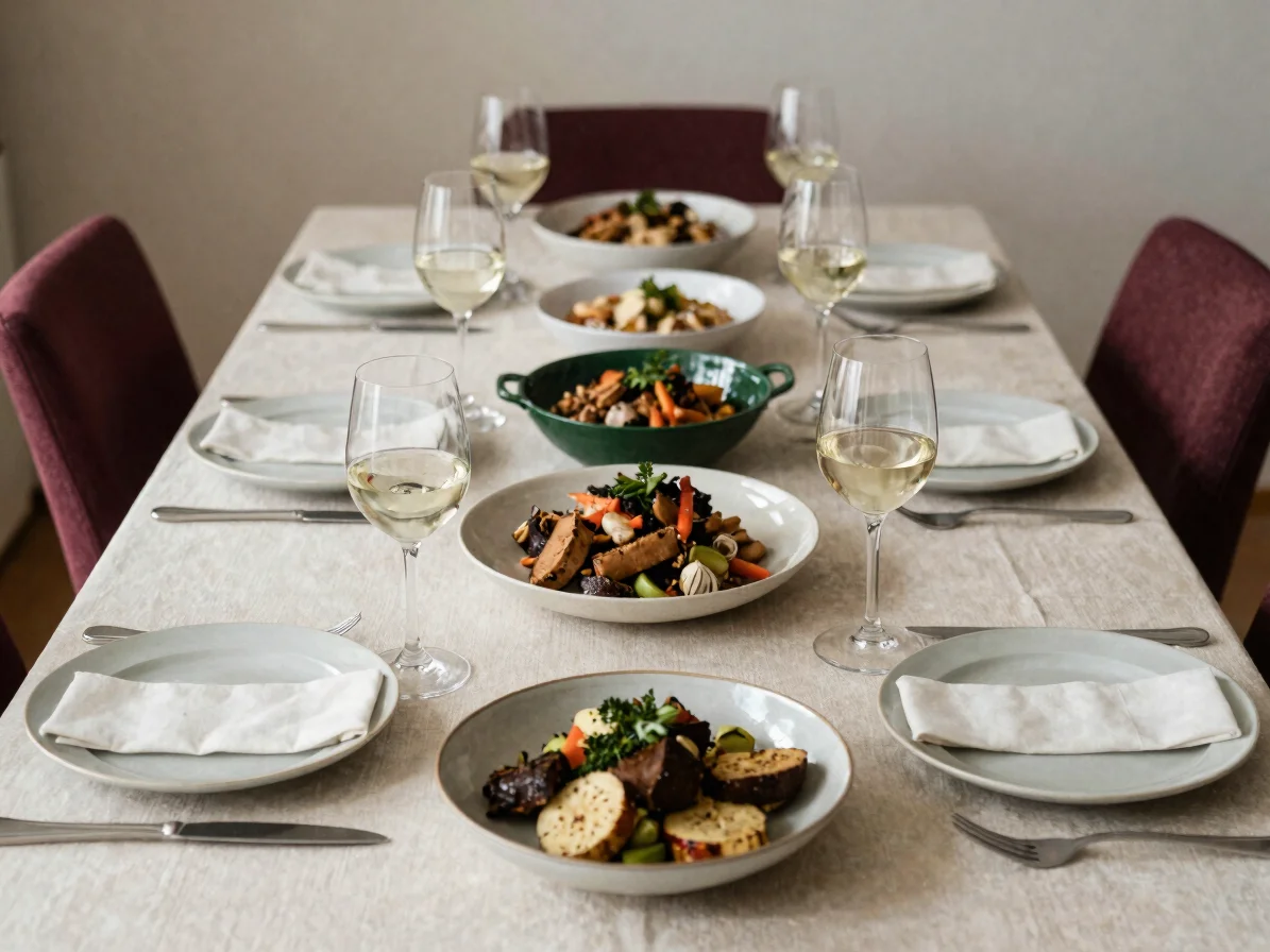 Prepared dinner table with regional dishes and glasses of French