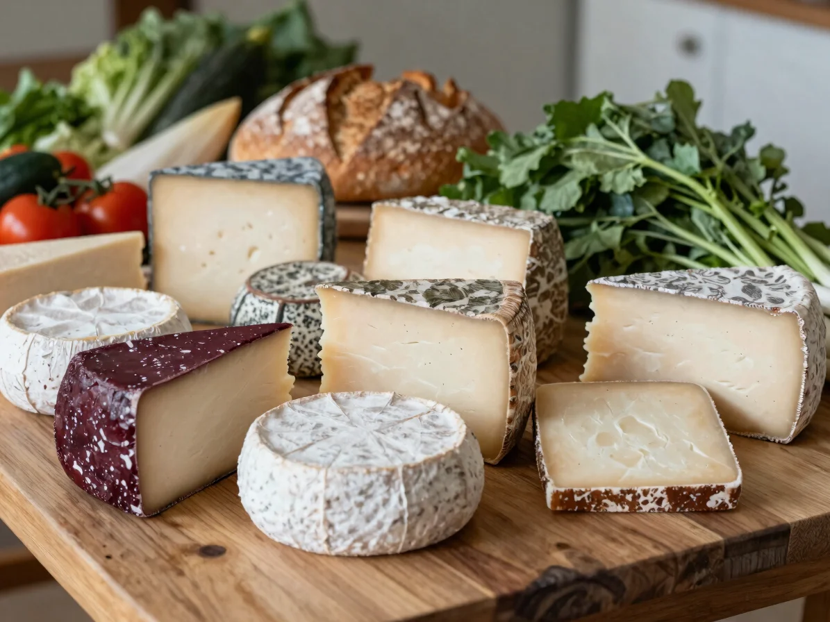 Seasonal regional produce on a wooden table, cheeses, bread and f