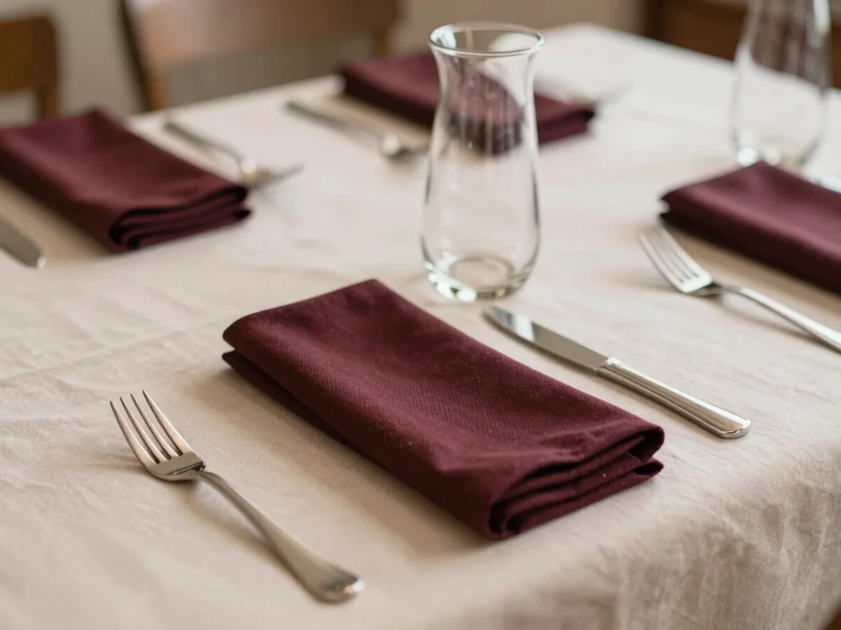 Close detail of a set table with cloth napkins and carafe, soft n