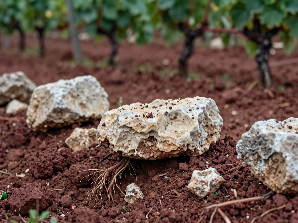 Close macro study of pale limestone and reddish clay soil in a Fr