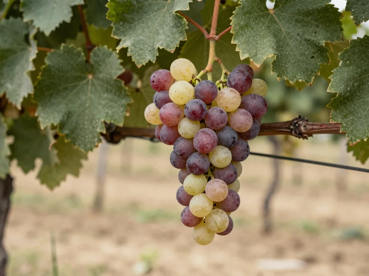 Editorial close-up of ripening red and white grape bunches on a v