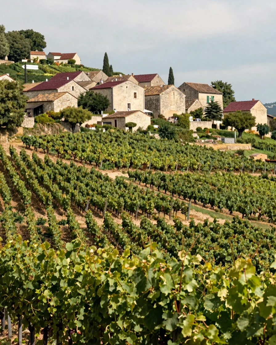 Editorial portrait crop of a rolling French vineyard hillside in soft natural daylight, vine rows receding toward a ston
