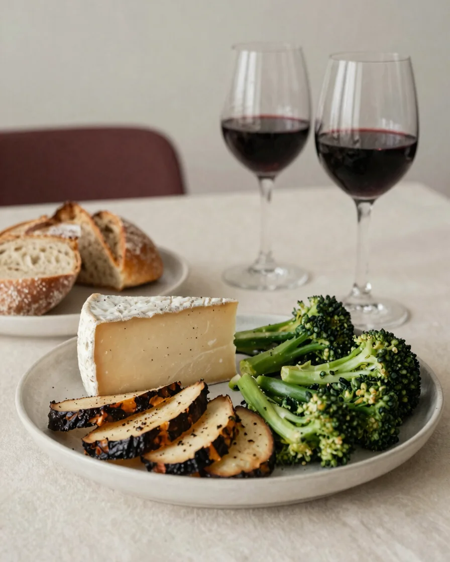 Editorial close-up of a simple seasonal table with roasted vegetables, a wedge of cheese, fresh bread and two glasses of