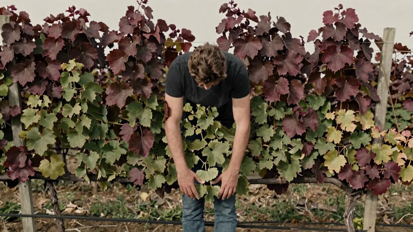 Close editorial photograph of hands resting on a vineyard row, so